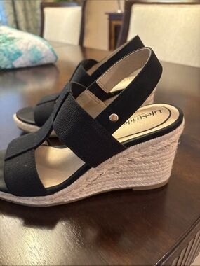 Life Stride Black Espadrille Wedge Sandals with Slingback